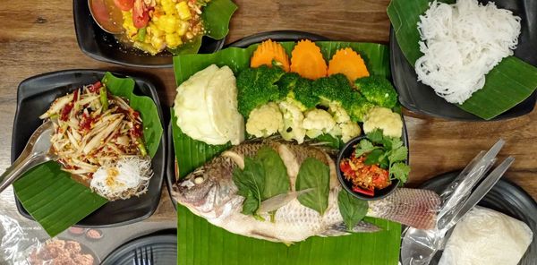 High angle view of meal served on table