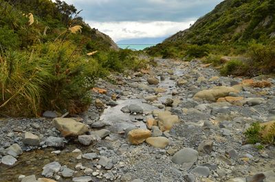 Scenic view of rocks against cloudy sky