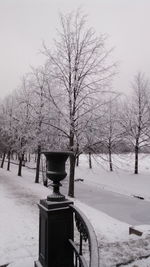 Bare trees on snow covered landscape against sky