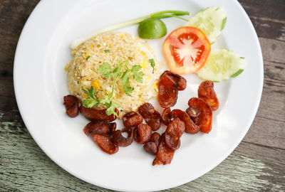 High angle view of meal served on table