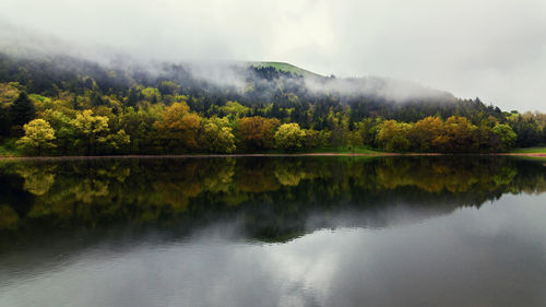 Scenic view of lake by trees against sky