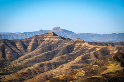 Scenic view of mountains against clear blue sky