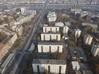 High angle view of street amidst buildings in city