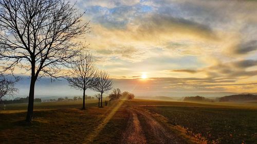 Dirt road amidst field against sky during sunset