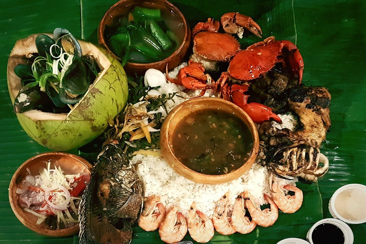 freshness, food and drink, food, serving size, ready-to-eat, still life, table, healthy eating, bowl, high angle view, plate, indoors, no people, seafood, banana leaf, close-up, day