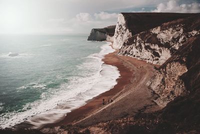 Scenic view of cliff by sea against sky