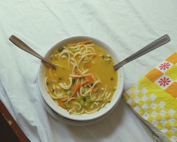 High angle view of pasta in bowl