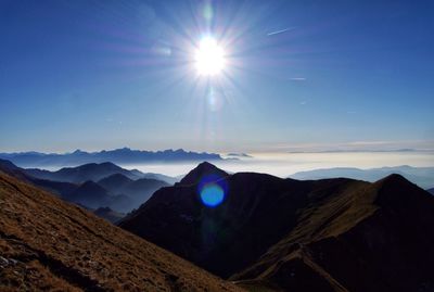 Scenic view of mountains against sky during sunset