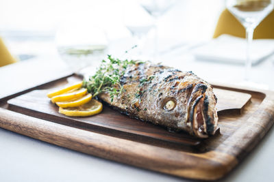 Close-up of fish on table