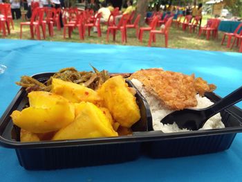 Close-up of food served on table