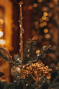 New year composition in a festive interior. christmas tree decorated with a golden garlands light.