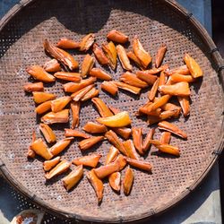 High angle view of chopped vegetables in container