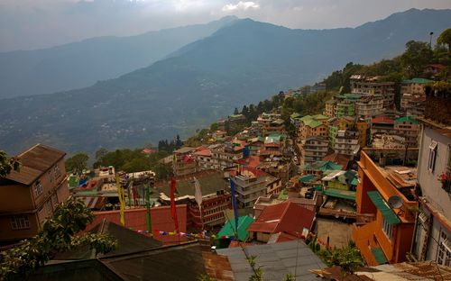 High angle view of residential district against sky