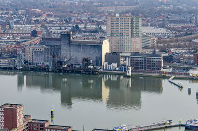 Aerial view across maashaven harbour with the iconic maassilo, now a concert venue