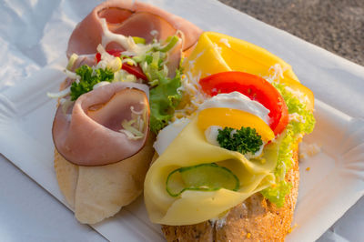 High angle view of breakfast served in plate