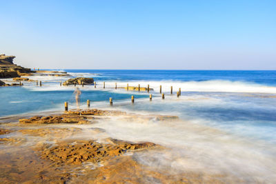 Scenic view of beach against clear sky