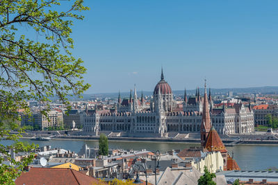 Panoramic view of buildings in city against clear sky