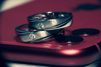 Close-up of camera on table