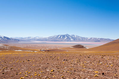 Scenic view of snowcapped mountains against clear blue sky