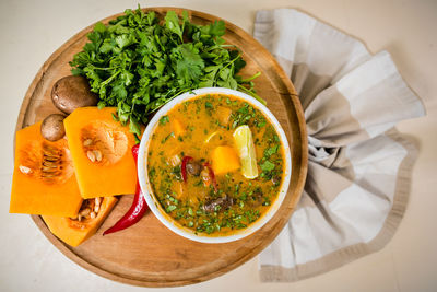 High angle view of soup in bowl on table