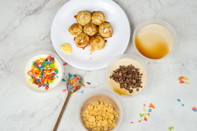 High angle view of breakfast on table