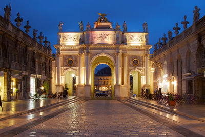 View of illuminated building at dusk