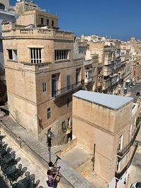 High angle view of buildings in city against sky