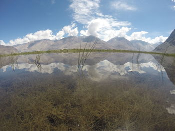 Scenic view of lake and mountains against sky