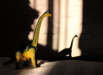 Dinosaur toy shadow on wall