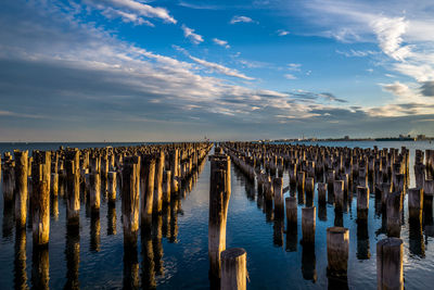 Wooden posts in sea against sky