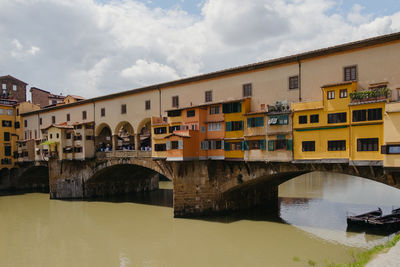 Bridge over river by buildings against sky in city