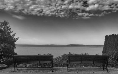 Empty bench by sea against cloudy sky