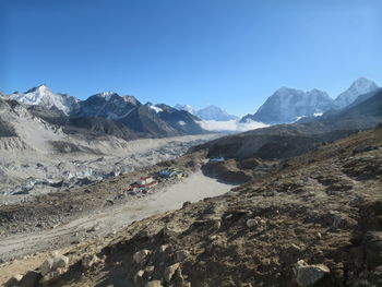 Scenic view of snowcapped mountains against clear blue sky