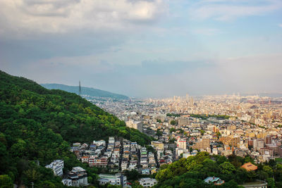 High angle shot of townscape against sky