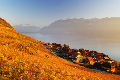 Scenic view of mountains and sea against clear sky