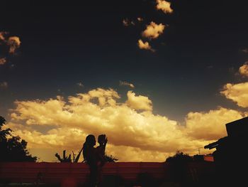 Silhouette statue against sky in city