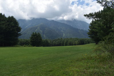 A beautiful landscape of a golf course at pahalgam kashmir, india