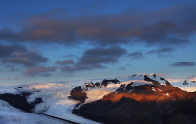 Scenic view of snowcapped mountain against sky during sunset