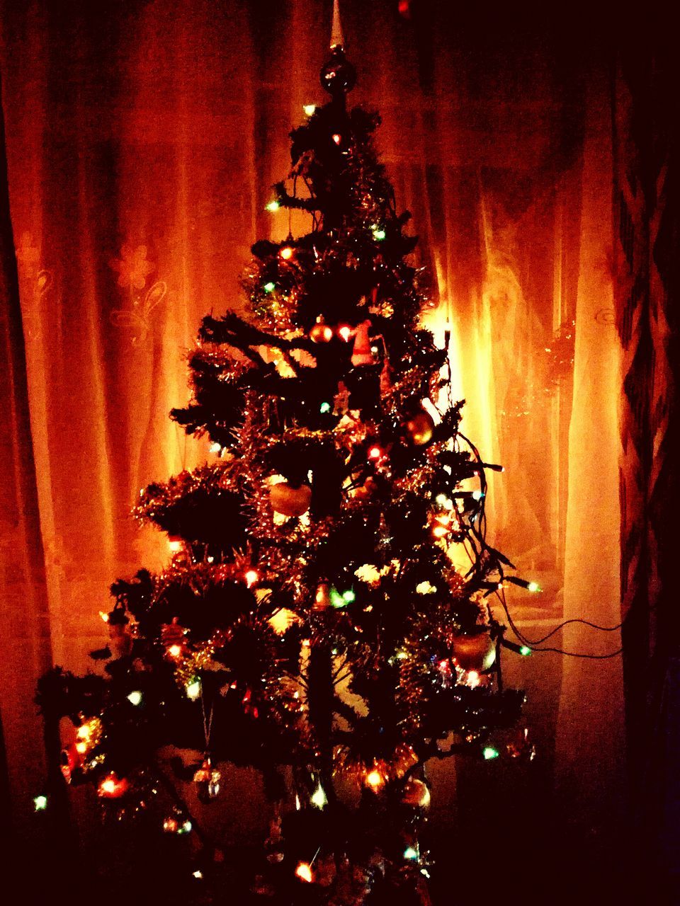 CLOSE-UP OF ILLUMINATED CHRISTMAS TREE AT HOME