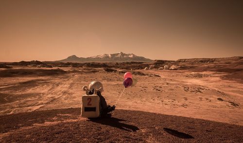 Rear view of people on desert against sky