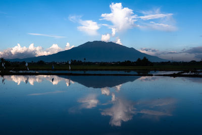 Panoramic view of lake and mountains against sky