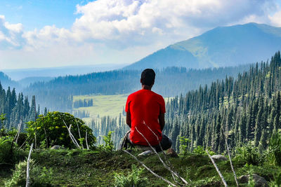 Rear view of man looking at mountains against sky