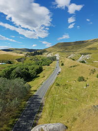 High angle view of winding road on landscape against sky