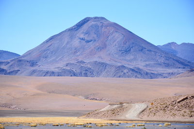 Scenic view of desert against clear blue sky