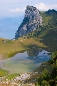 Pond on mountain against sky