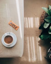 High angle view of coffee on table