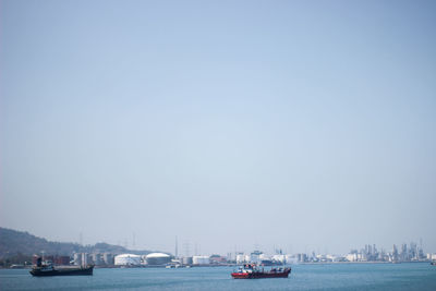 Sailboats sailing in sea against clear sky