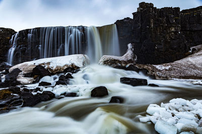 View of waterfall along rocks