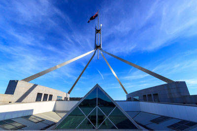 Low angle view of modern building against blue sky