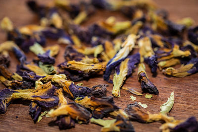 Close-up of dried leaves on table